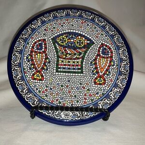 Armenia pottery Hand-painted Fish &Bread Ceramic Plate blue, red, yellow green
